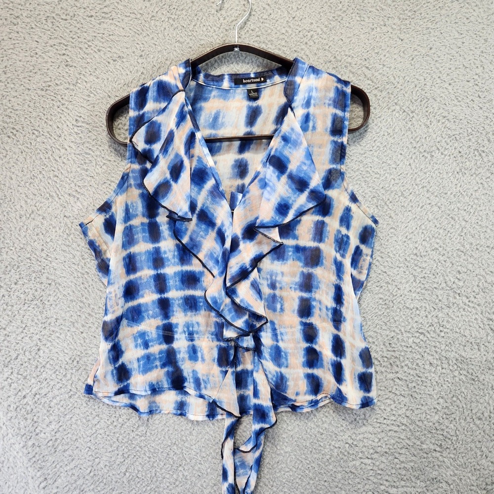 Heartsoul Ruffle V Neck Top Womens Size L Blue White Tie Dye Tie Front Boho
